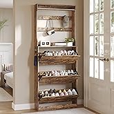 Wodeer Tall Shoe Cabinet with Coat Rack, Hidden Shoe Storage Cabinet with Doors & Drawer, Hanging Bar & Hooks, Slim Narrow Freestanding Shoe Rack Organizer for Entryway, Hallway & Living Room, Brown