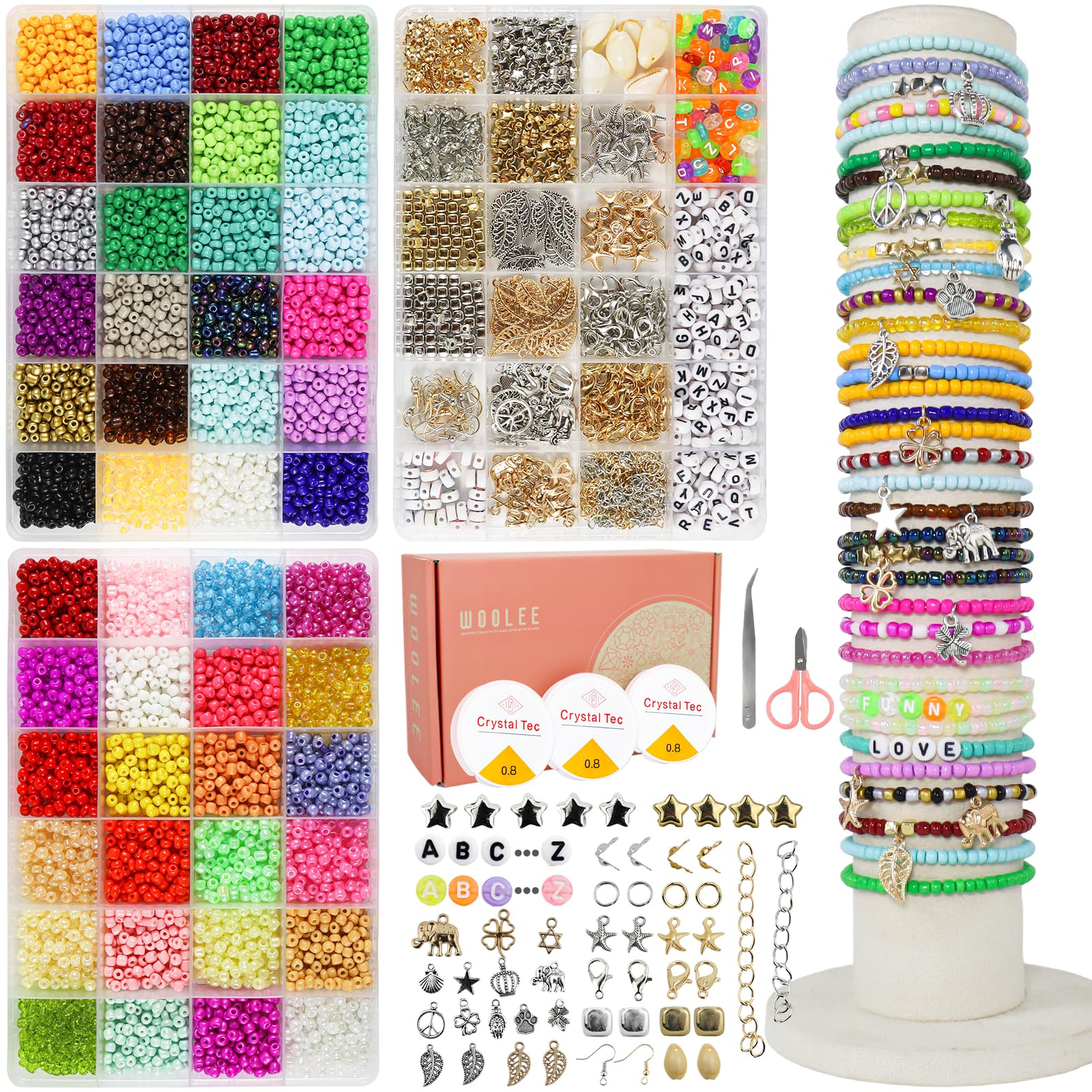 4MM Glass Seed Beads Bracelet Making Kit, 48 colours seed beads Friendship Bracelet Making kit, Glass Seed Beads Jewellery making kit, bracelets earrings necklaces, DIY Craft Set, Girls' Gift Set