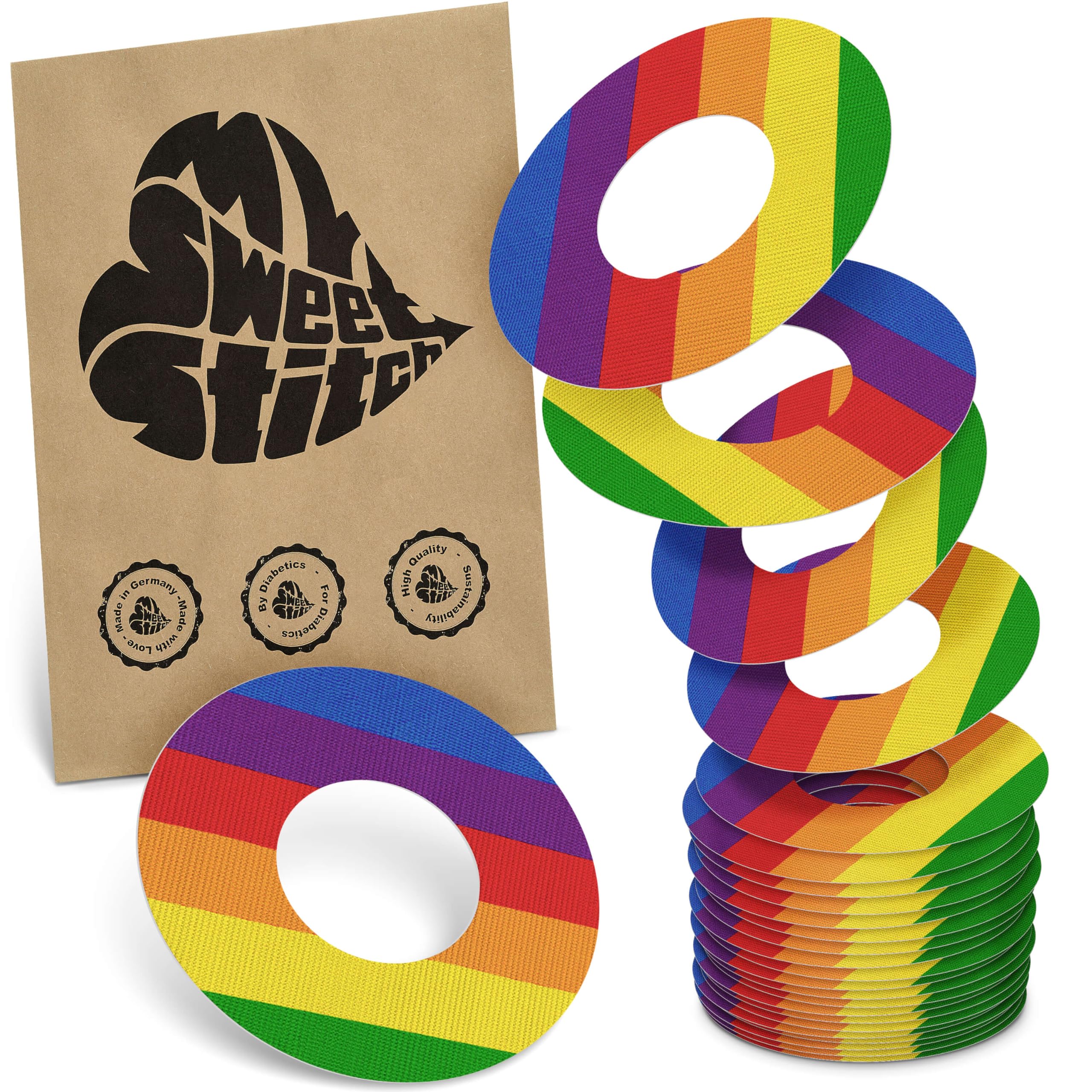 MySweetStitch - 25 x Freestyle Libre 1 & 2 Patches, Ring Patch Ø 65mm, Inner Ø 28mm, Waterproof, Breathable, Skin-Friendly, Made in Germany, Pride