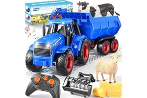 Funwee RC Tractor Toy Set with Light & Sound, Kids Farm Car Animal Trailer Wheels Remote Truck, Outdoor Vehicle Toys Birthday Gift Idea for 3 4 5 6 7+ Years Old Toddler Boys and Girls(Blue)