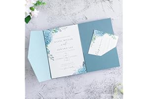 FEIYI 20 Pcs 5.12x7.1'' Sparkle Dusty Blue Tri-fold Laser Cut Wedding Invitation Cards for Wedding Bridal Shower Quinceañera 
