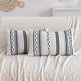 CATOLAT Decorative 2 Packs Boho Navy Blue Striped Lumbar Pillow Covers 12x20 Inch Coastal Accent Long Throw Pillows, Neutral Farmhouse Textured Throw Pillow Cases for Couch Bedroom Living Room Chair