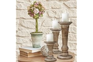 HOMEBIA DESIGNS Hand Crafted Decorative Wooden Pillar Candle Holder Stand Siren Shape, Rounded Turned Colums, Country Style Ideal for Gift, Wedding, Christmas, Party, Home, Spa - 10,8,6 Inch Set of 3 - White Wash