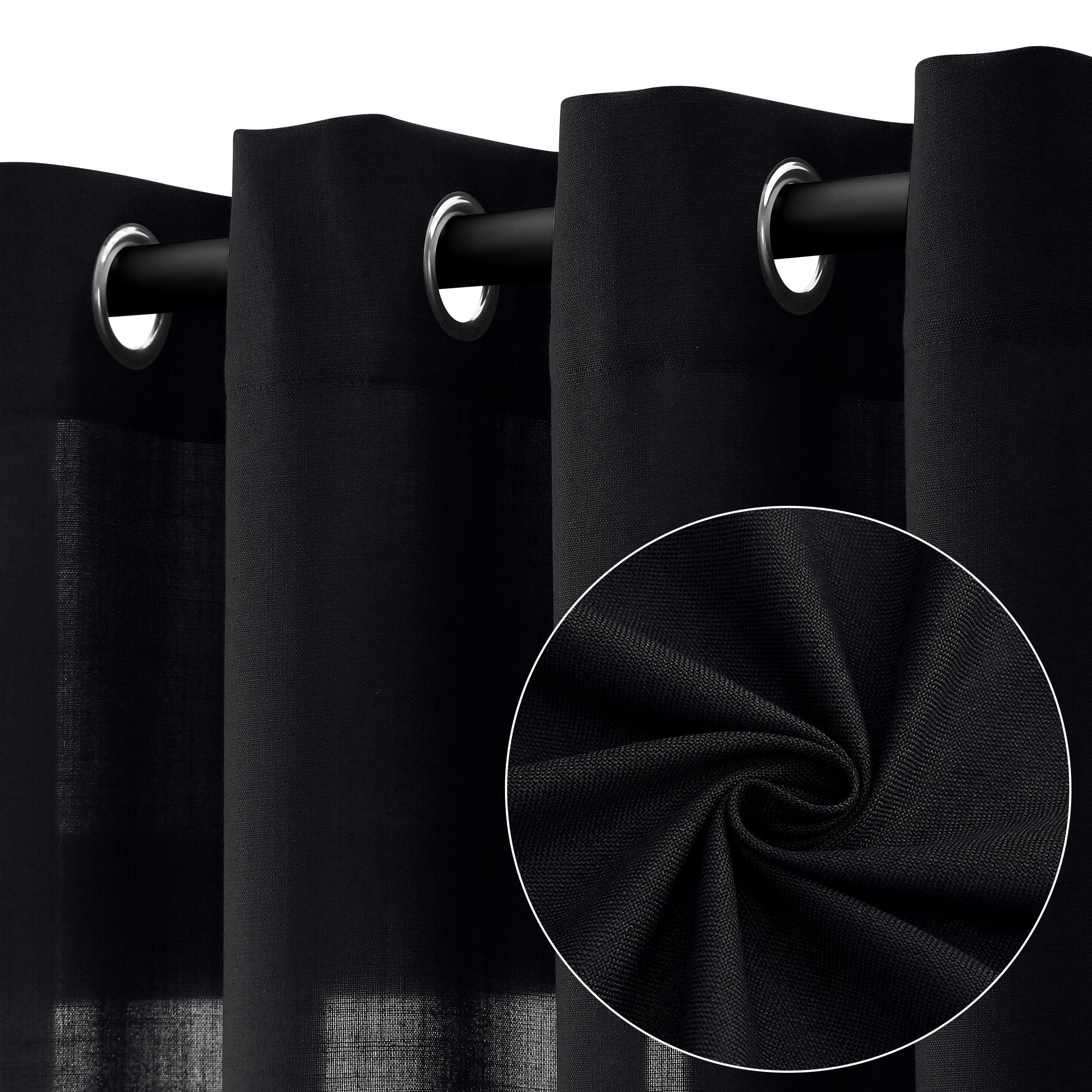 Jowels Black Linen Curtains 102 Inch Length 2 Panels for Living Room Bedroom, Light Filtering Sheer Curtains 102 Inches, Elegant Modern Grommet Semi Sheer Soft Privacy Drapes Image