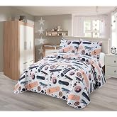 Kids Zone Collection Quilt Bedspread Set Kids/Teens Skateboard Print Bedding Set Navy Blue and Coral Design with Wheels Pattern Twin New # Skateboard