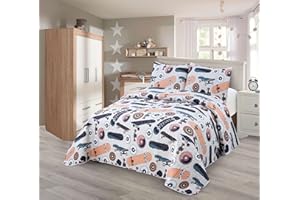 KIDS ZONE HOME LINEN Kids Zone Collection Quilt Bedspread Set Kids/Teens Skateboard Print Bedding Set Navy Blue and Coral Design with Wheels Pattern Full/Queen New # Skateboard