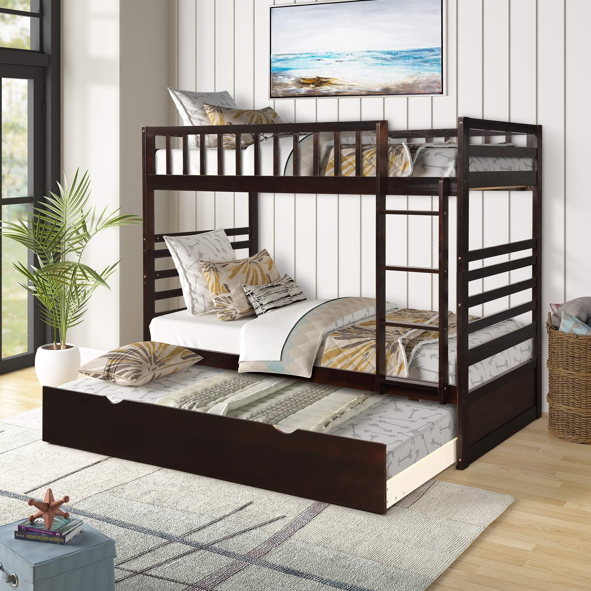 Bunk Mission Style with End Ladder Twin with Trundle Bed in in Espresso