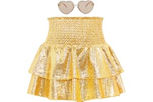 American Trends Girls Sequin Sparkly Skirts Girls Metallic Skirt 2-Layer Ruffle Skirts with Sunglasses Cheerleaders Skirt