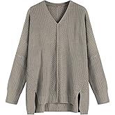 ZAFUL Women's Oversized Sweaters V Neck Long Sleeve Knit Pullover Batwing Drop Shoulder Split Tops Trendy Fall Outfits 2024