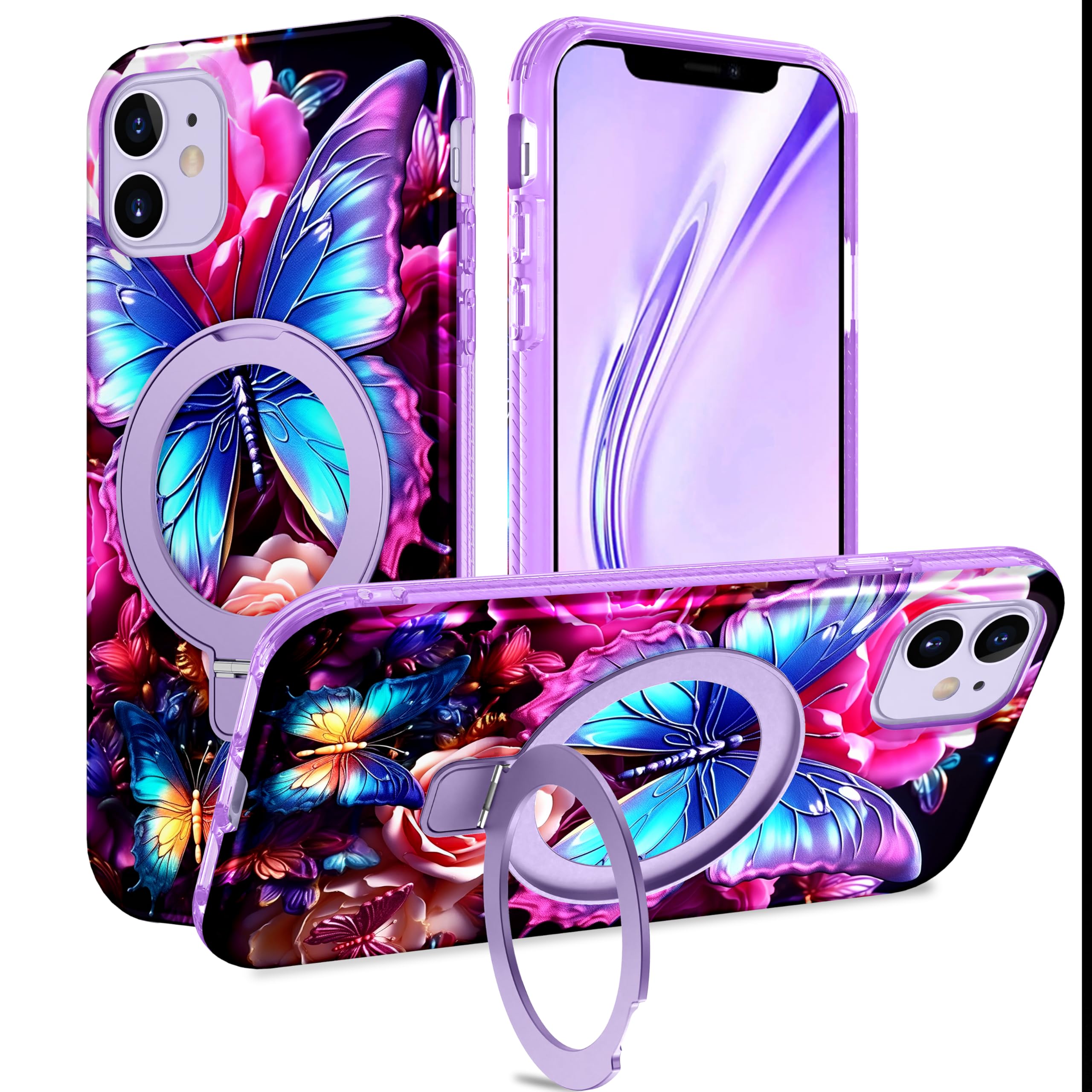 Shecaset for iPhone 11 Case, [Compatible with MagSafe] [Magnetic Invisible Ring Stand], Shockproof Protective Slim Fit for Women Girl for iPhone 11 Case, Purple Pattern