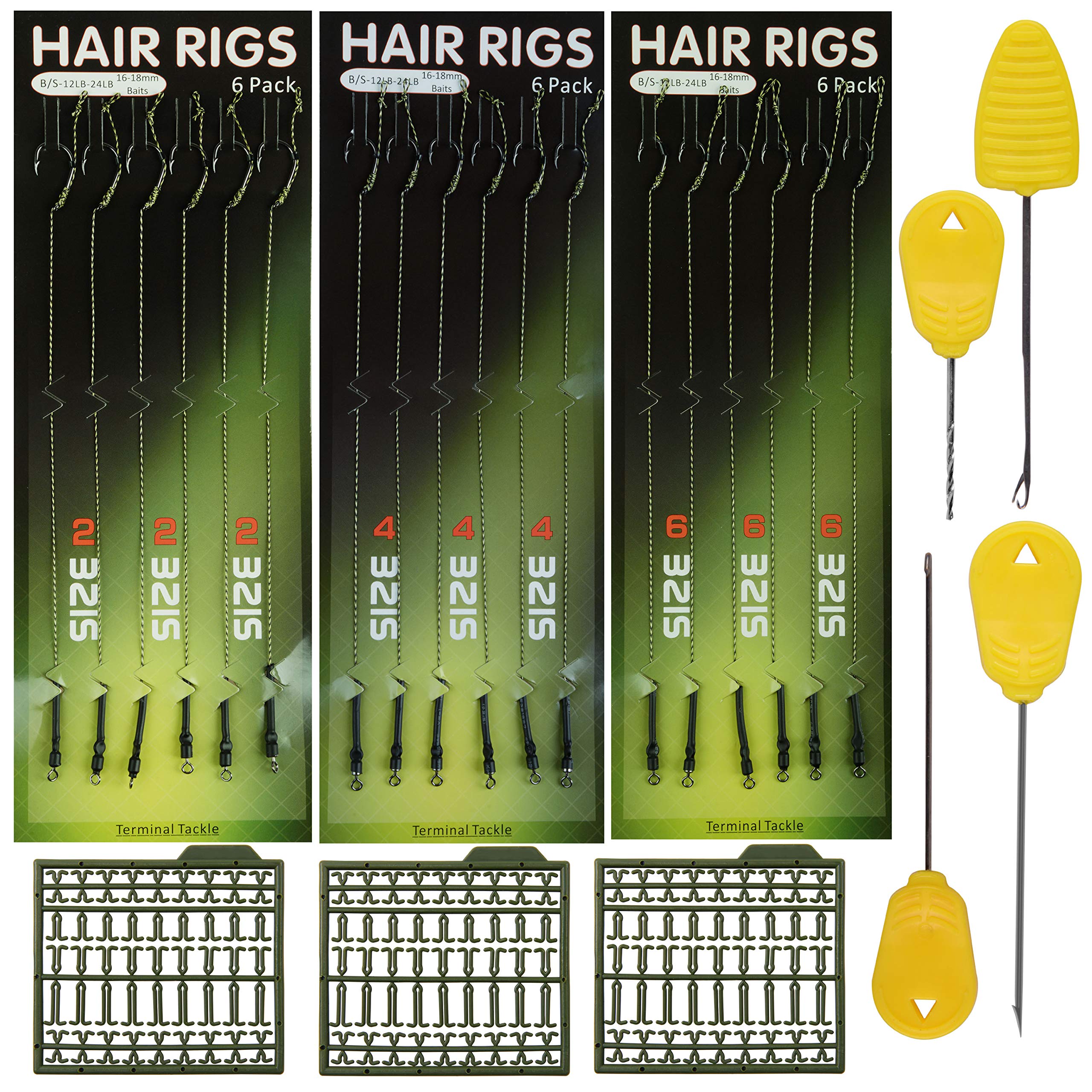 SHADDOCK 25pcs Carp Fishing Hair Rigs Kit Contains 18pcs Carp Rigs+3 Cards Boilie Stoppers+ 4pcs Bait Needle Tool Kit Carp Fishing Leader Rigging Terminal Tackle Set