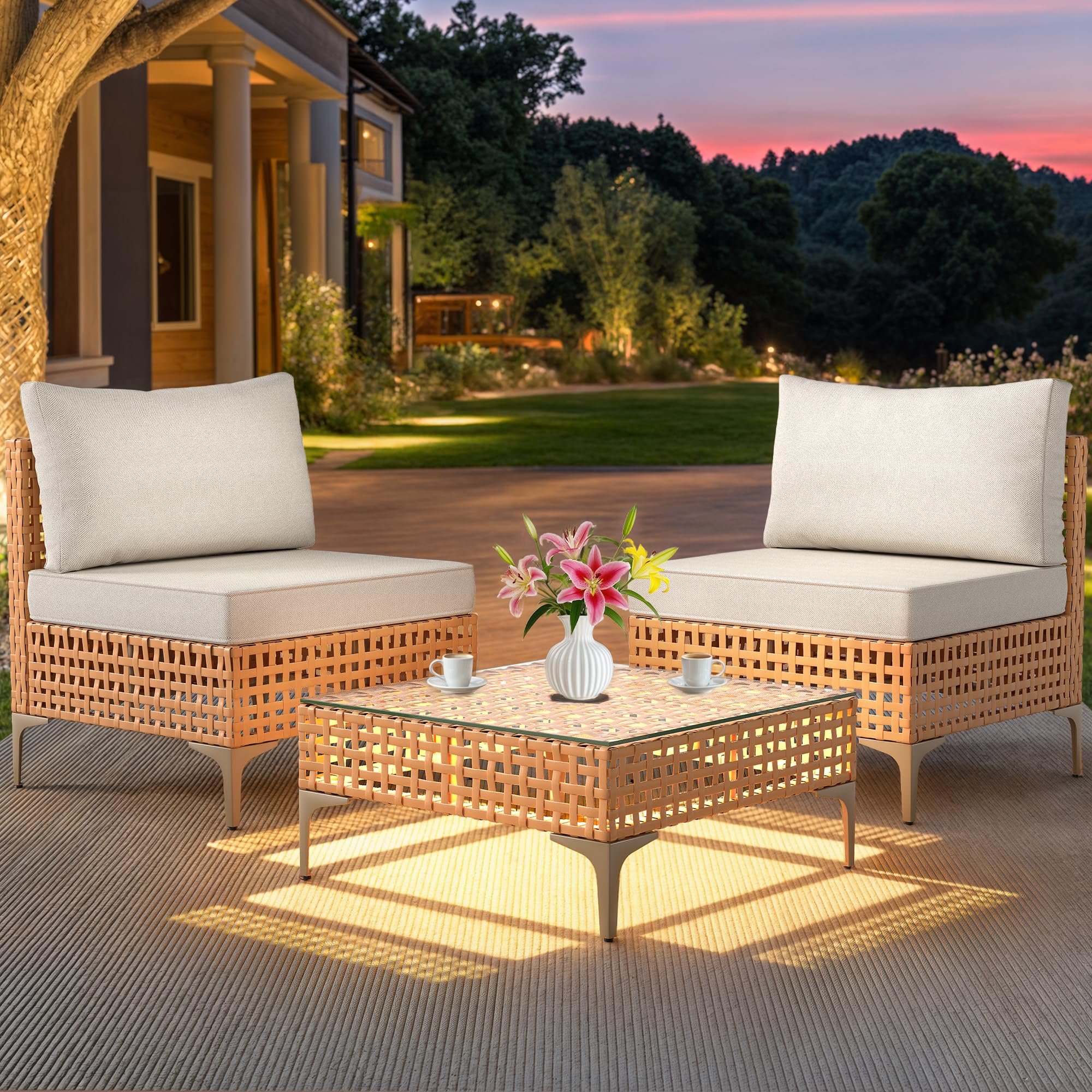 Photo 1 of DWVO Patio Furniture Set 3 Pieces Outdoor Sectional Sofa with Solar Light Table & Waterproof Cushions Outdoor Couch All-Weather Rattan Patio Conversation Set for Balcony Garden Porch