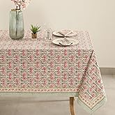 Labhanshi Indian Handblock Print Floral Cotton Rectangle 60x90 Inch 6-Seater Dining Tablecloth|Washable Spring St. Patrick Picnic Outdoor Camping Festive Easter Table Cover|Pink Green