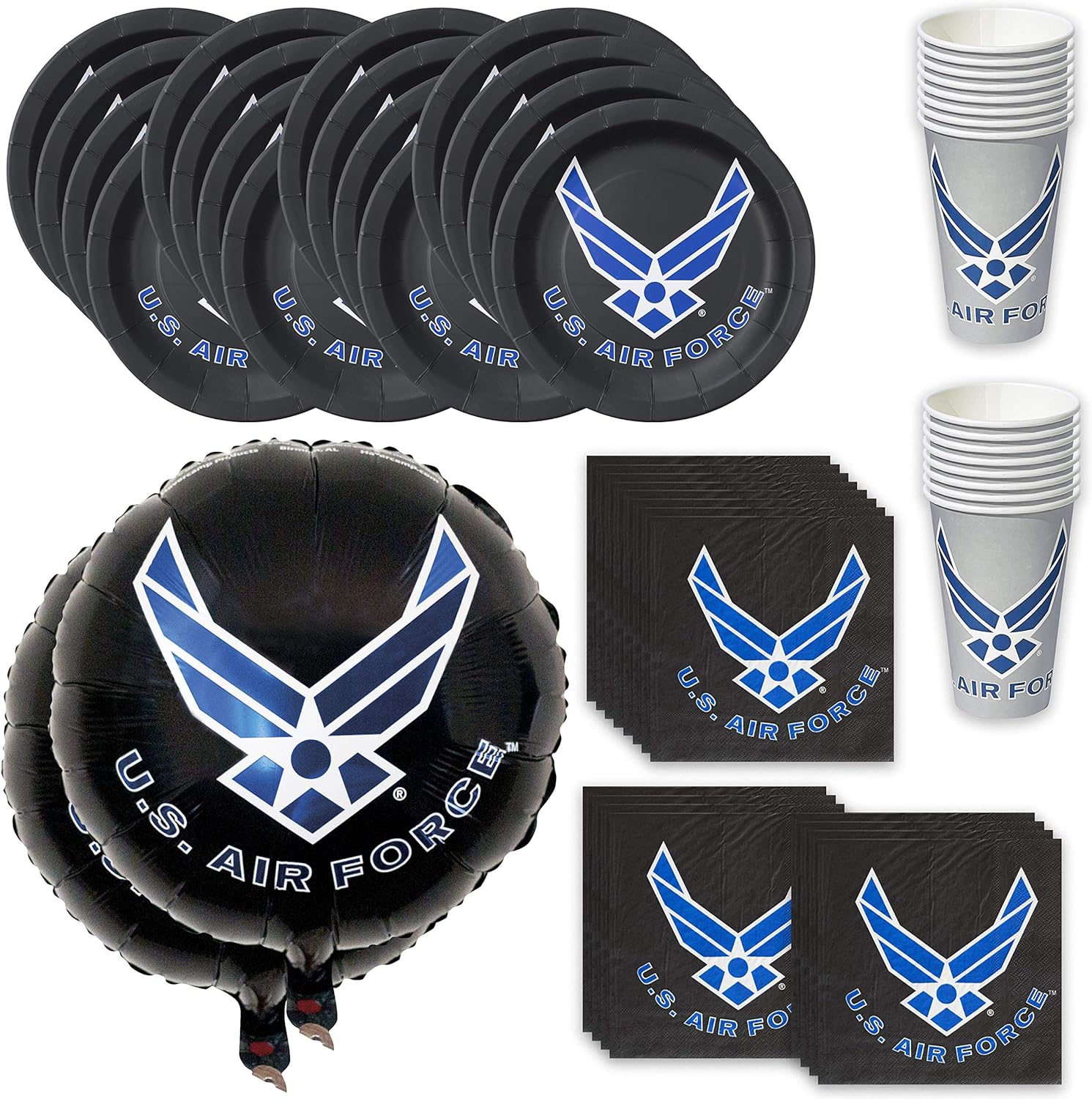 Havercamp Official U.S. Air Force Party for 16 Guests; Includes 16 ea. Lg. 9” Plates, Napkins and Cups and 2-18” Mylar Balloons in The Official U.S. Air Force Logo