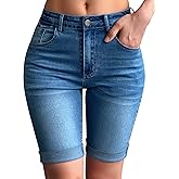 roswear Womens Mid Rise Roll Cuff Bermuda Stretch Denim Jean Shorts
