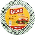 Glad Round Disposable Paper Plates with Blue and Green Happy Daisies Design,10 Inches, Microwave Safe Plate For Everyday Use, Cut Proof, Soak Proof, 50 Count