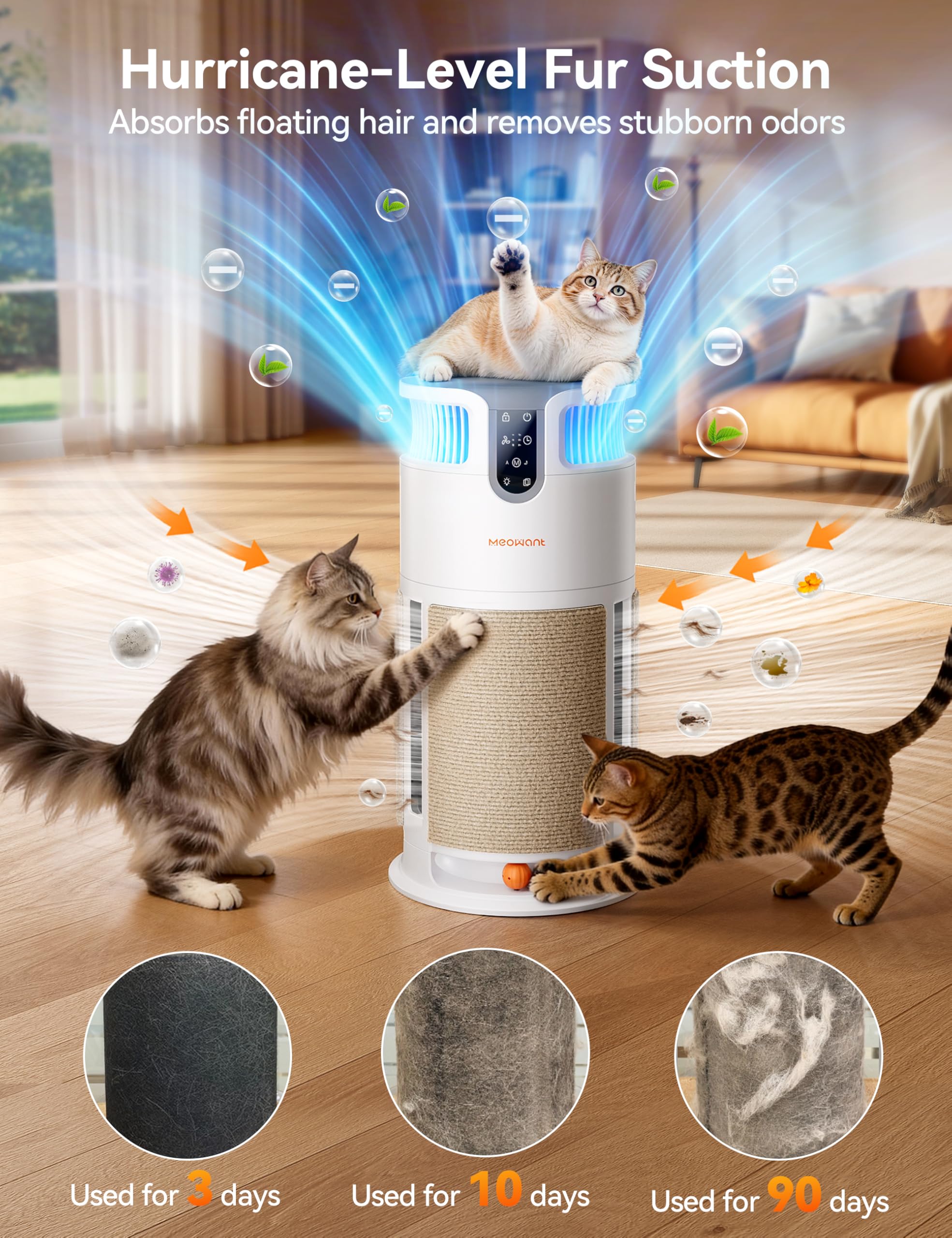 Meowant Air Purifier for Home, Pet Air Purifier 360°Air Intake & Air Outlet for Large Room, 4-in-1 H13 HEPA Filter Up to 3900 Ft² Air Cleaner for Pet Hair Dander Odors with Cat Scratch Board