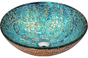 ANZZI Chrona Modern Tempered Glass Vessel Bowl Sink in Gold/Cyan Mix, Gold Top Mount Bathroom Sinks Above Counter, Round Vanity Countertop Sink Bowl with Pop Up Drain, LS-AZ209
