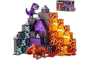 GobiDex Dinosaur Toys Magnetic Tiles Lava Cave Dinosaur World Set - Magnetic Building Blocks for Kids 3-5 5-7 Girls Boys Toys Age 4-6 6-8, STEM Sensory Toddler Birthday Gifts for 3+ Year Old Kids Toy