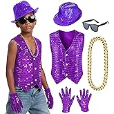 Kids Dance Hip Hop Jazz Costume Boys Sequin Vest Hat Glasses Set for Dance Party 3-12 Years