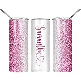 Personalized Tumbler with lid and straw | 20oz Stainless Steel Insulated | Custom Gifts | Double Wall Coffee Cups for Hot, Cold Drinks | Pink tumblers Glitter effect with Name | 20oz Cup