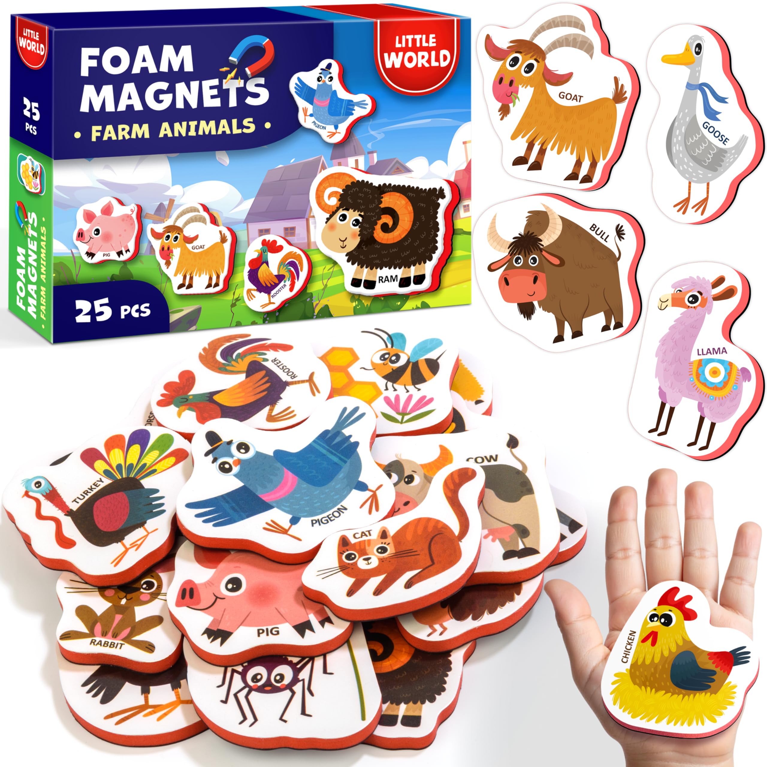 Little World 25 Fridge Magnets for Kids 1-3 years – Safe, Durable, Waterproof, Foam Magnetic Animals for Toddlers with Colorful Gift Box, Non-Toxic Farm Animal Magnets for Children and Babies