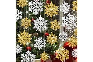 AnyDesign 40Pcs Christmas Snowflake Ornaments with Rope 2 Design Glitter Gold Silver Snowflakes Assorted Snowflakes Hanging Decorations for Xmas Winter Christmas Tree Decorations DIY Craft, 3.9"