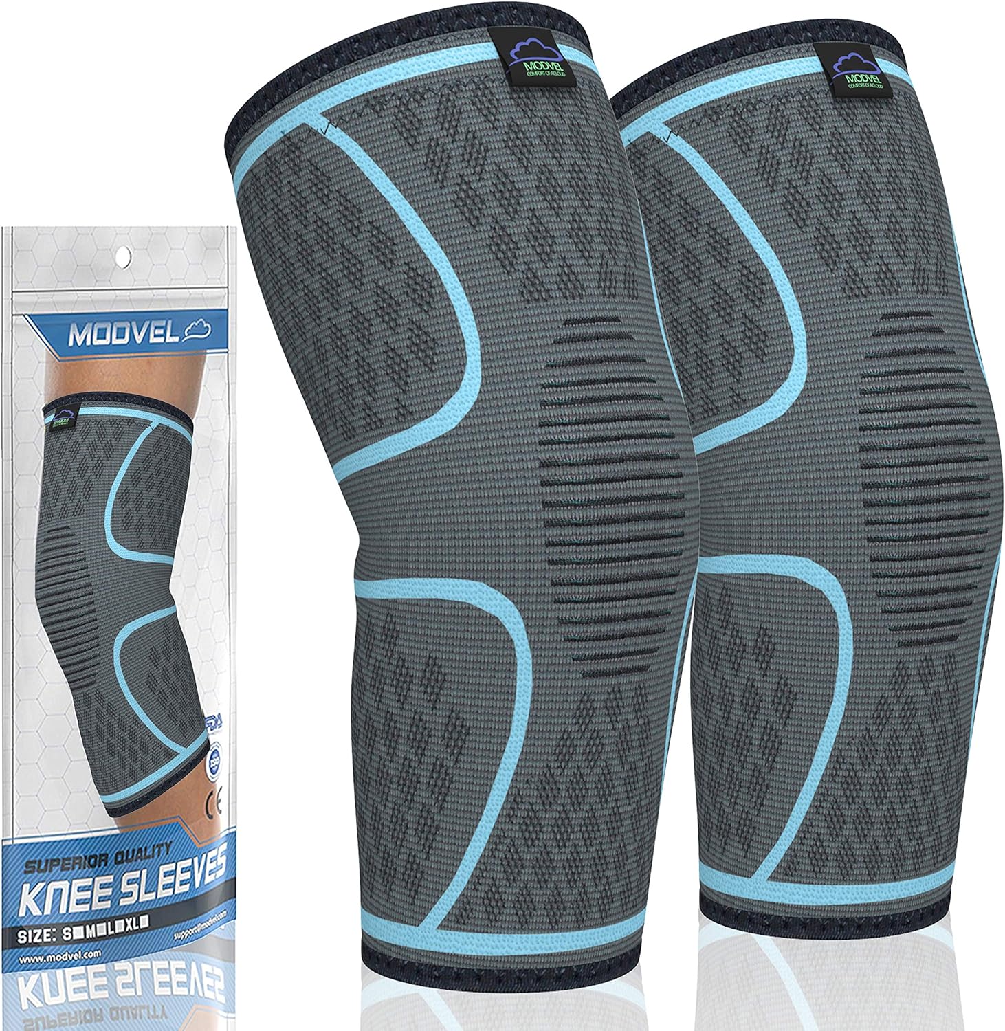 MODVEL 2 Pack Knee Brace | Knee Compression Sleeve for Men & Women | Knee Support for Running | Medical Grade Knee Pads for Meniscus Tear, ACL, Arthritis, Joint Pain Relief.: Sports & Outdoors
