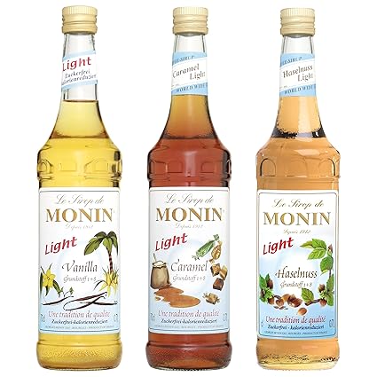 Monin Light Set (3 x 0.7l Flaschen: Vanille Light, Caramel Light, Haselnuss Light)