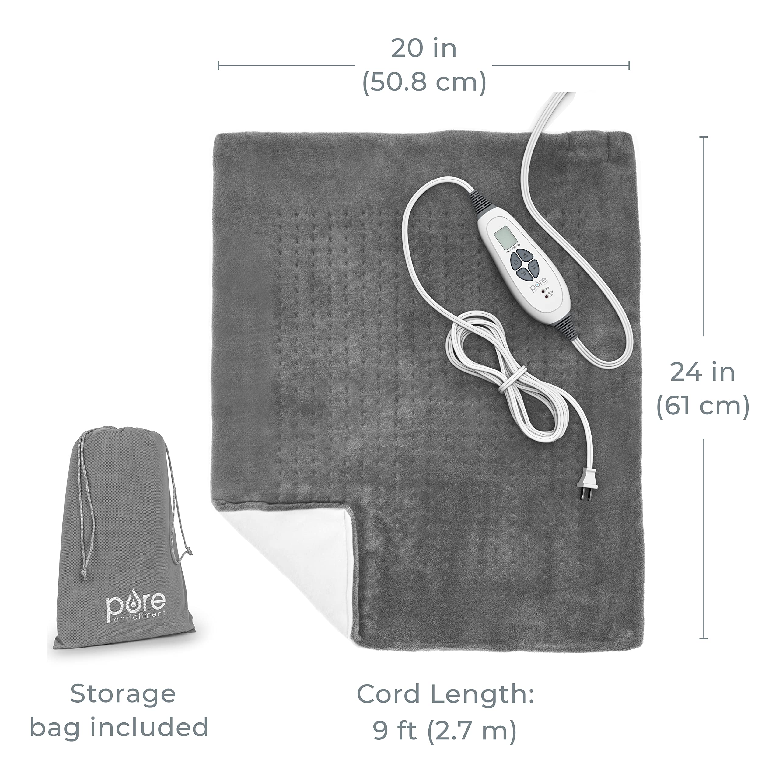 Pure Enrichment PureRelief Ultra-Wide Microplush Heating Pad - 20” x 24” XXL Size & 6 Heat Settings for Temporary Neck, Shoulder & Back Pain Relief - Moist Heat Option & Machine Washable (Gray)