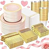 GATHER 700PCS Pink Plastic Plates - Gold Rim Disposable Plastic Dinnerware Set Include 200 Pink Plates, 300 Silverware, 100 Napkins, 100 Cups for Party & Wedding & Valentine's Day