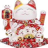 Large Ceramic Maneki Neko Beckoning Lucky Money Cat Waving Arm Good Feng Shui Fortune Happy Smiling Cat Figure 特大招財貓-招財進寶(Good Fortune)