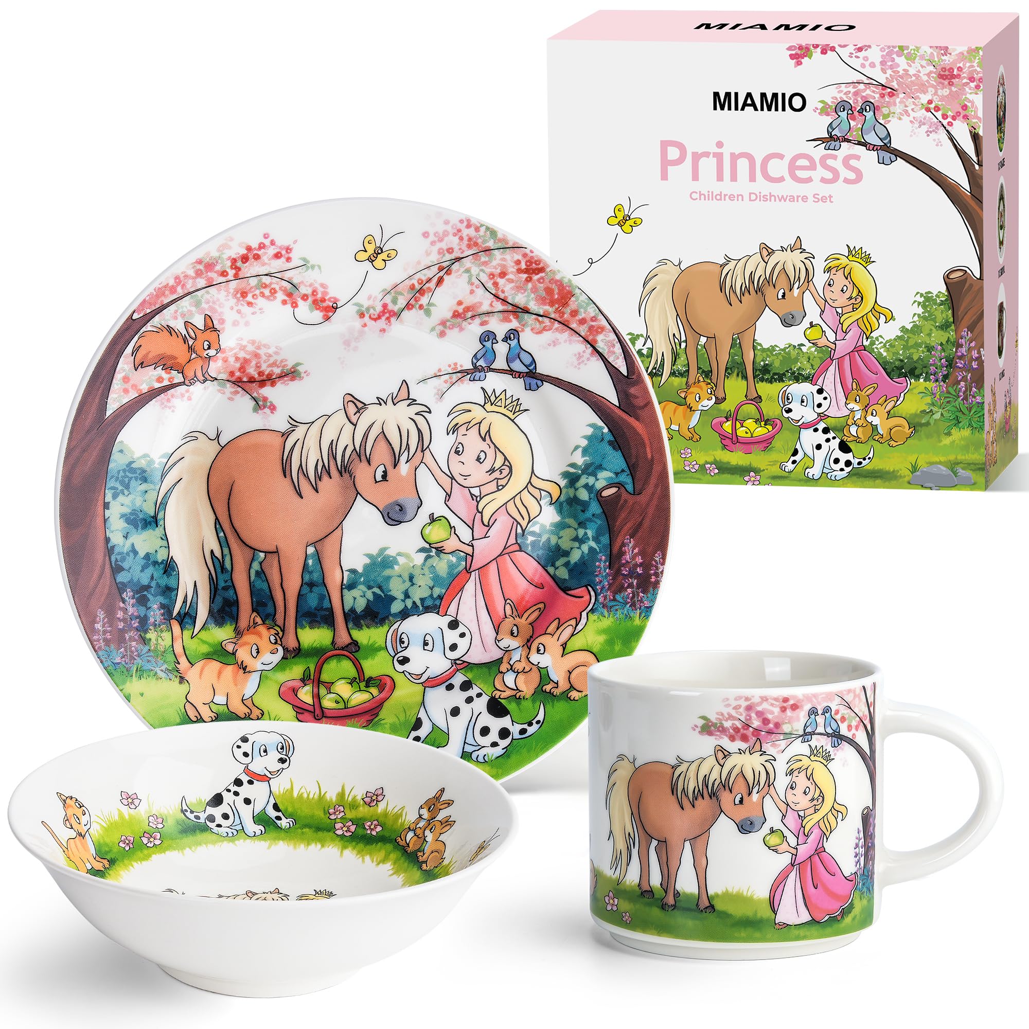 MIAMIO – Set of 3 Kids Dinnerware Set/Children Dishes, Kids Dish Set, Children’s Tableware Set - Includes Plate, Bowl and Cup – for Kids and Toddler (Princess)