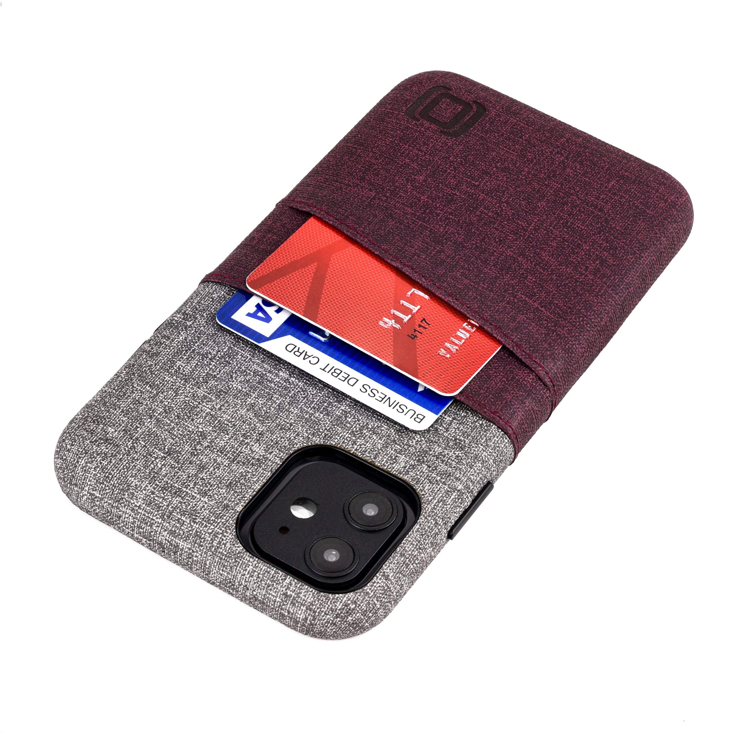 Dockem Luxe M2 Card Case for iPhone 11: Built-in Invisible Metal Plate, Designed for Magnetic Mounting: Slim Canvas Style Synthetic Leather Wallet Case (Maroon and Grey)