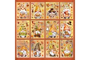 BORAMDO Fall Thanksgiving Window Clings 14 Sheets, Fall Gnome Leaf Turkey Window Decals Stickers, Removable Autumn Window Decorations for Glass Windows Holiday Home Office Decor 12 Styles
