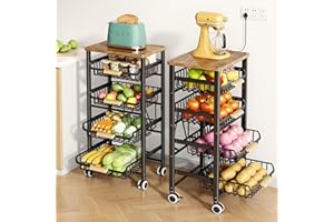 SAYZH Fruit Vegetable Basket for Kitchen Pantry Organizers, 5 Tier Large Pull-Out Wire Basket with Wood Top and Wheels for Fruit Vegetable Onions Potatoes Snacks, Black