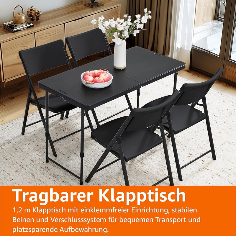 Klapptisch, Höhenverstellbar, 4 Höhen, Tragegriff, Rechteckig, für Camping, Picknick, Drinnen und Draußen, Schwarz, 121,4cm x 60,7cm x 86,1cm — Foto 6 von 6