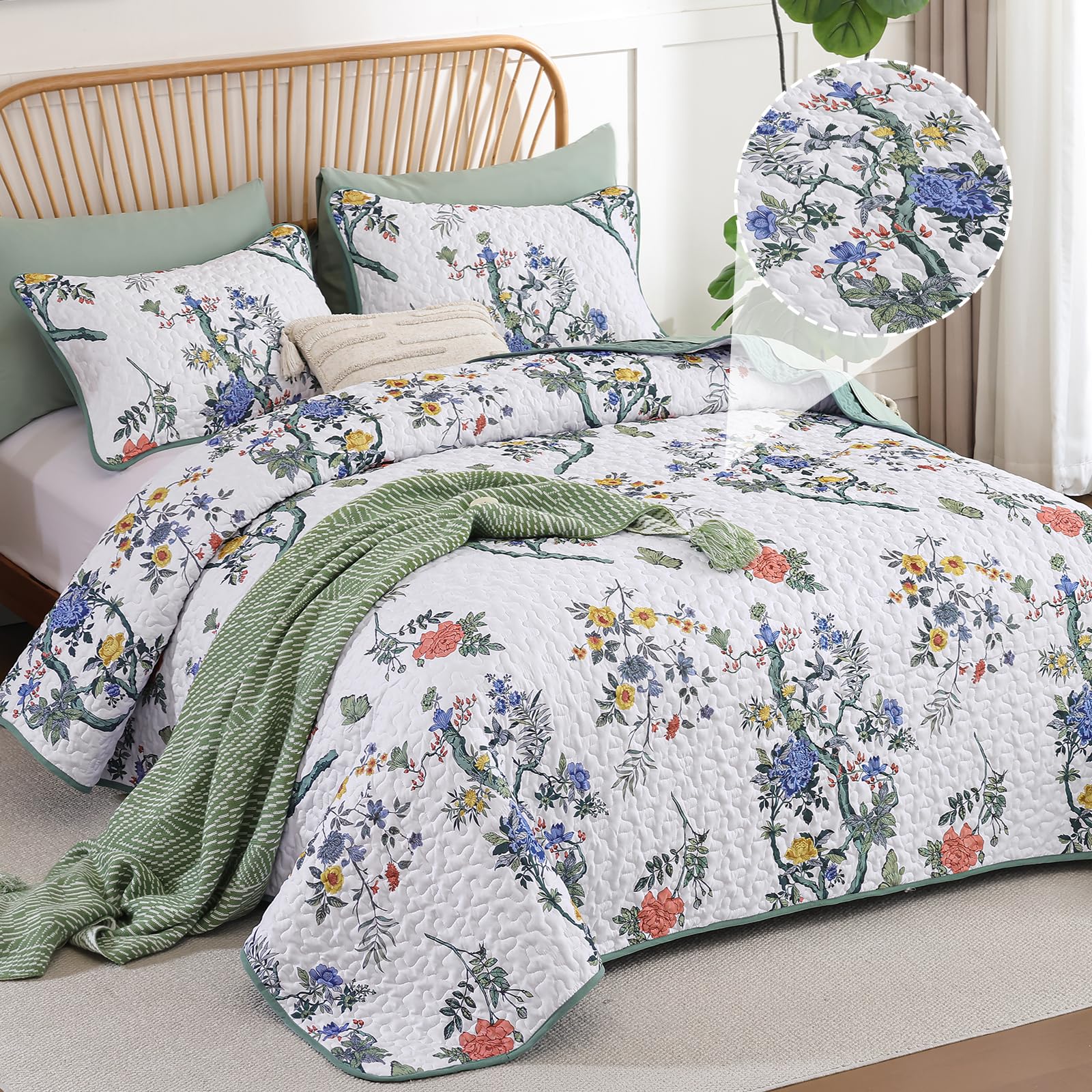 Condition photo showing As Is for wongs bedding floral quilt set king,blue green botanical pattern quilts bedspread coverlet set for w