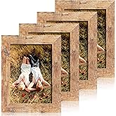 iRahmen 5x7 Picture Frame Set of 4, High Definition Real Glass Rustic Brown Frame, 5 x 7 Wood Photo Frames for Tabletop Display and Wall Mounting