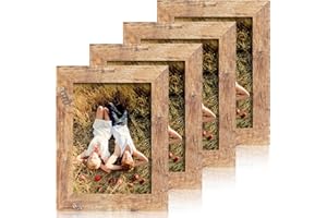 iRahmen 5x7 Picture Frame Set of 4, High Definition Real Glass Rustic Brown Frame, 5 x 7 Wood Photo Frames for Tabletop Display and Wall Mounting