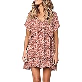 FOWSMON Women's Tunic Dress Cute Printed V Neck Long Sleeve Casual Swing Ruffle Dress