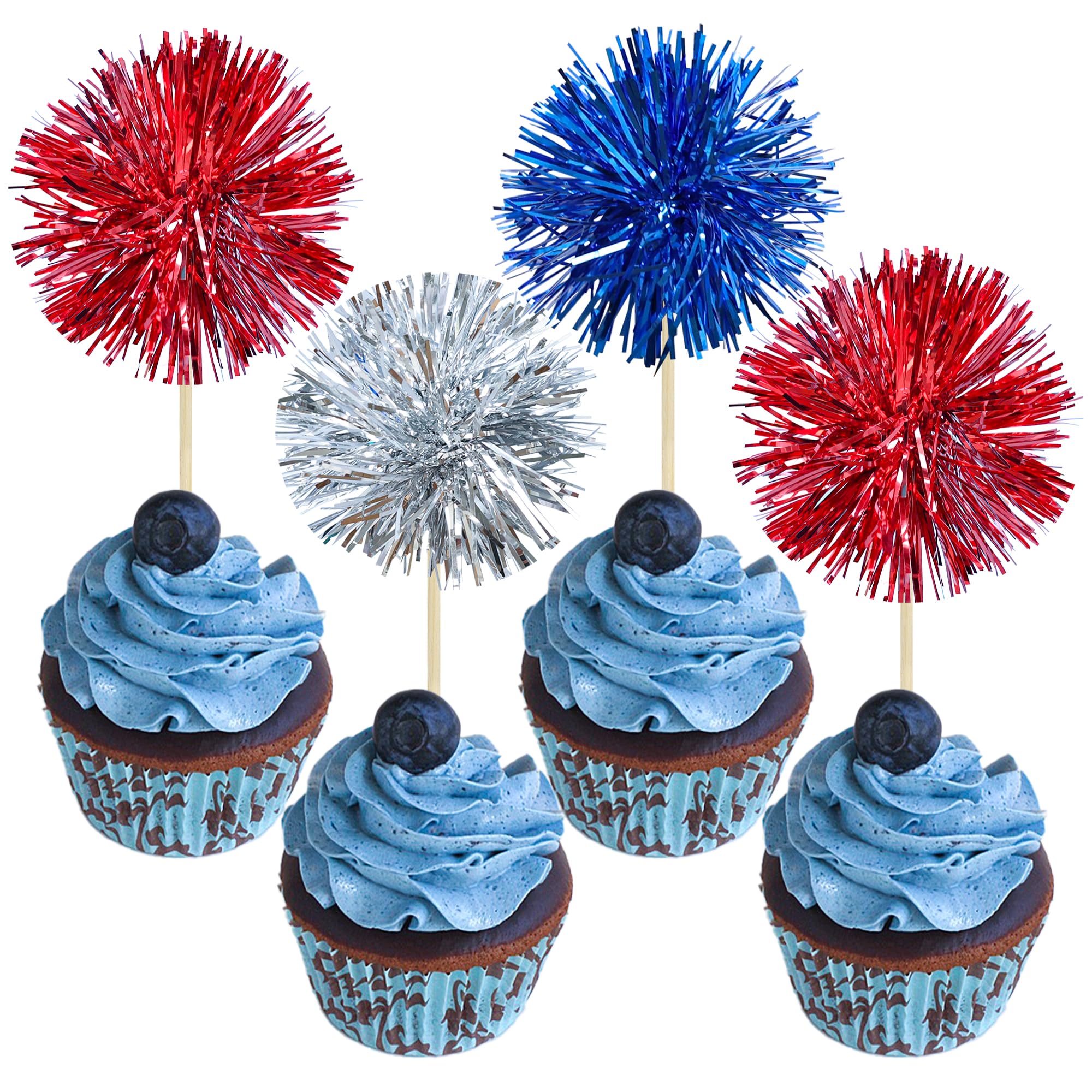 Photo 1 of Gyufise 30Pcs Foil Firework Cupcake Toppers Sparkle Tinsel Cake Toppers Tinsel Drink Cake Decoration Cocktail Picks for Birthday Wedding Graduation Party Supplies Silver Dark Blue Red