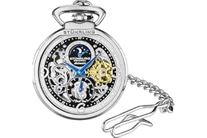 STUHRLING ORIGINAL Stuhrling Orignal Mens Automatic Pocket Watch Skeleton Dial Mechanical Movement with and Stainless Steel Chain -Dual Time AM/PM Sun Moon Subdial