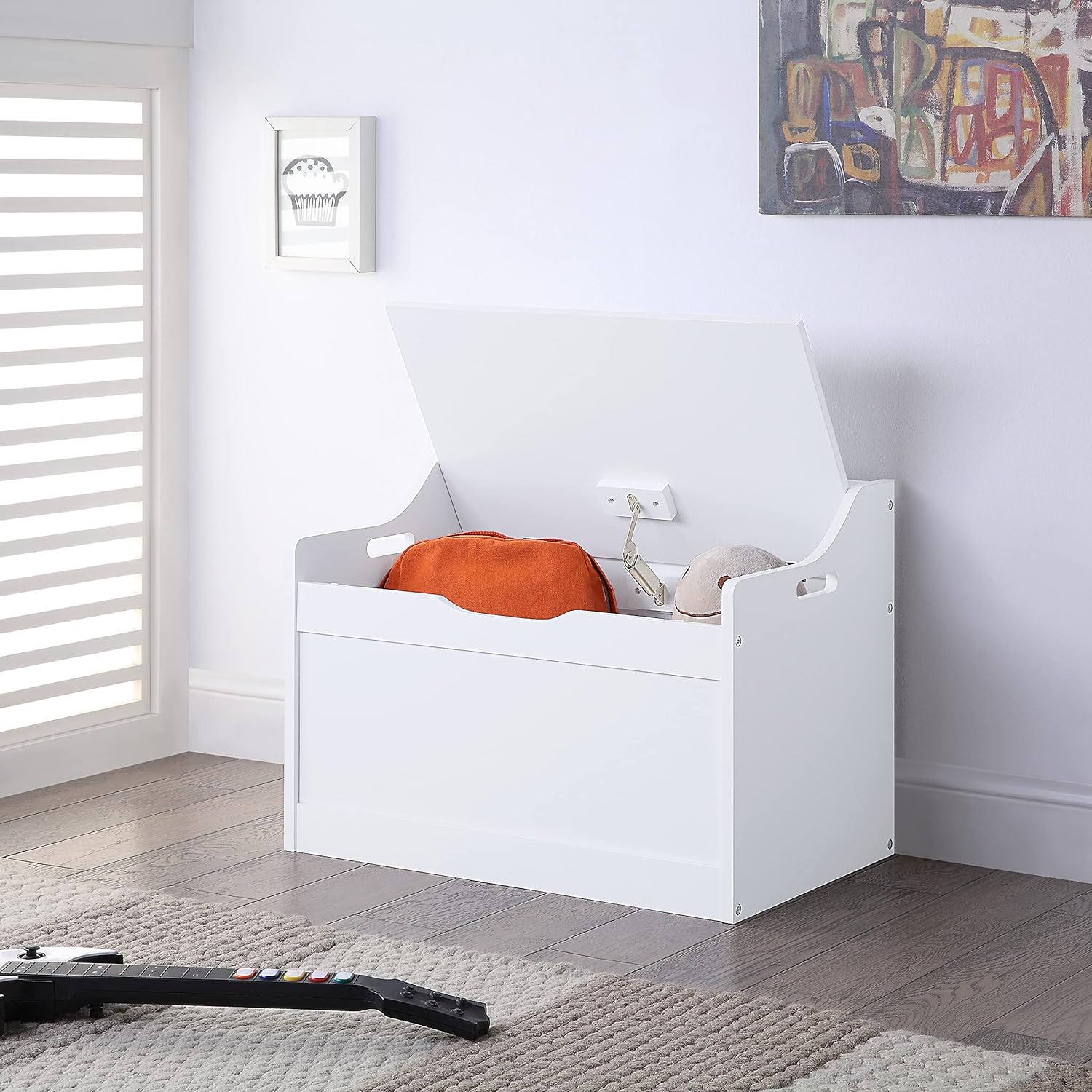 RAAMZO Wood Modern Storage Bench Toy Box Blanket Chest Trunk with Safety Hinged Lid in White Finish: Home Improvement