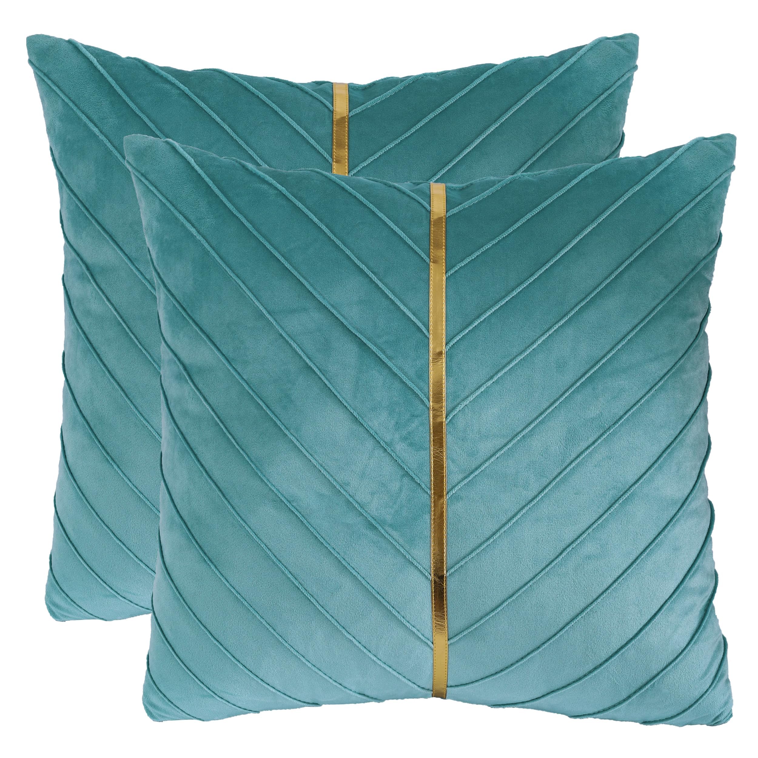 Tosleo Aqua Green Velvet Throw Pillow Covers 22x22 inch Pack of 2 with Gold Leather Decorative Couch Pillow Cover Luxury Modern Pillowcases for Living Room Bedroom Sofa Cushion Bed 55x55CM — image 1