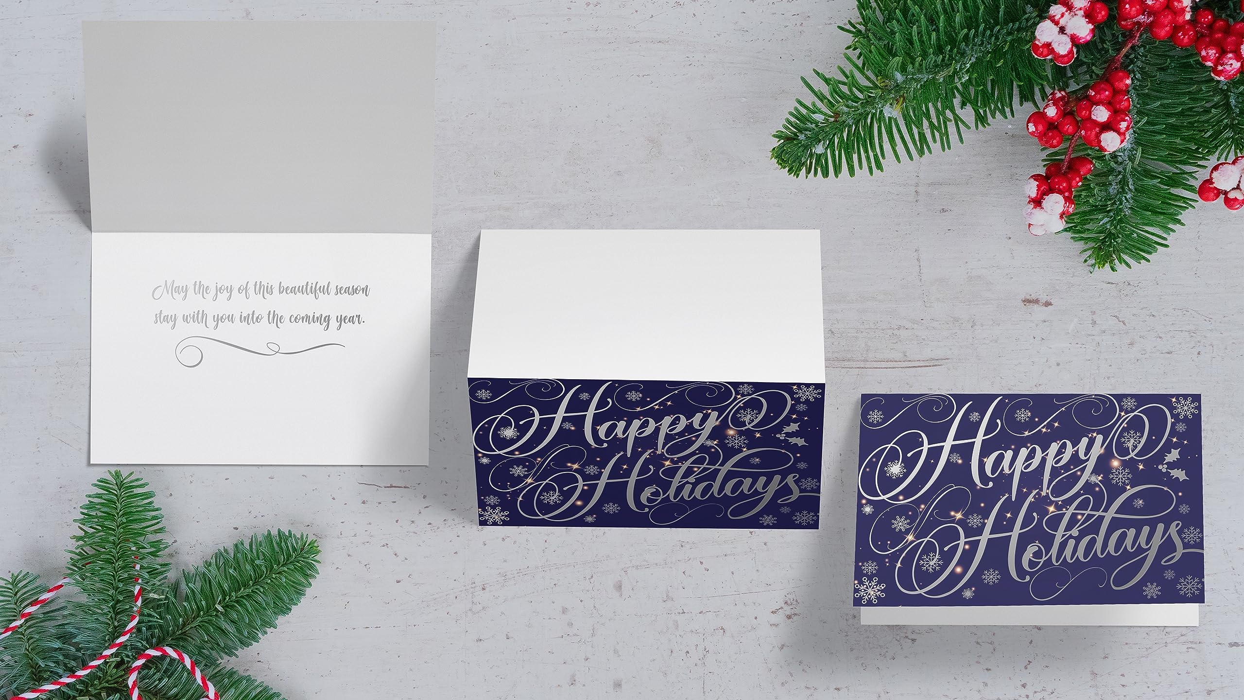 Better Office Products 50 Pack Happy Holidays Cards with Silver Foil Accents, 5