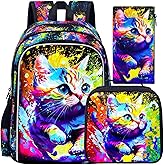 ZLYERT 16" Cat Backpack for Girls, 3Pcs Kids Bookbag for Elementary Preschool Kindergarten, School Backpacks with Lunch Box(Airbrush)