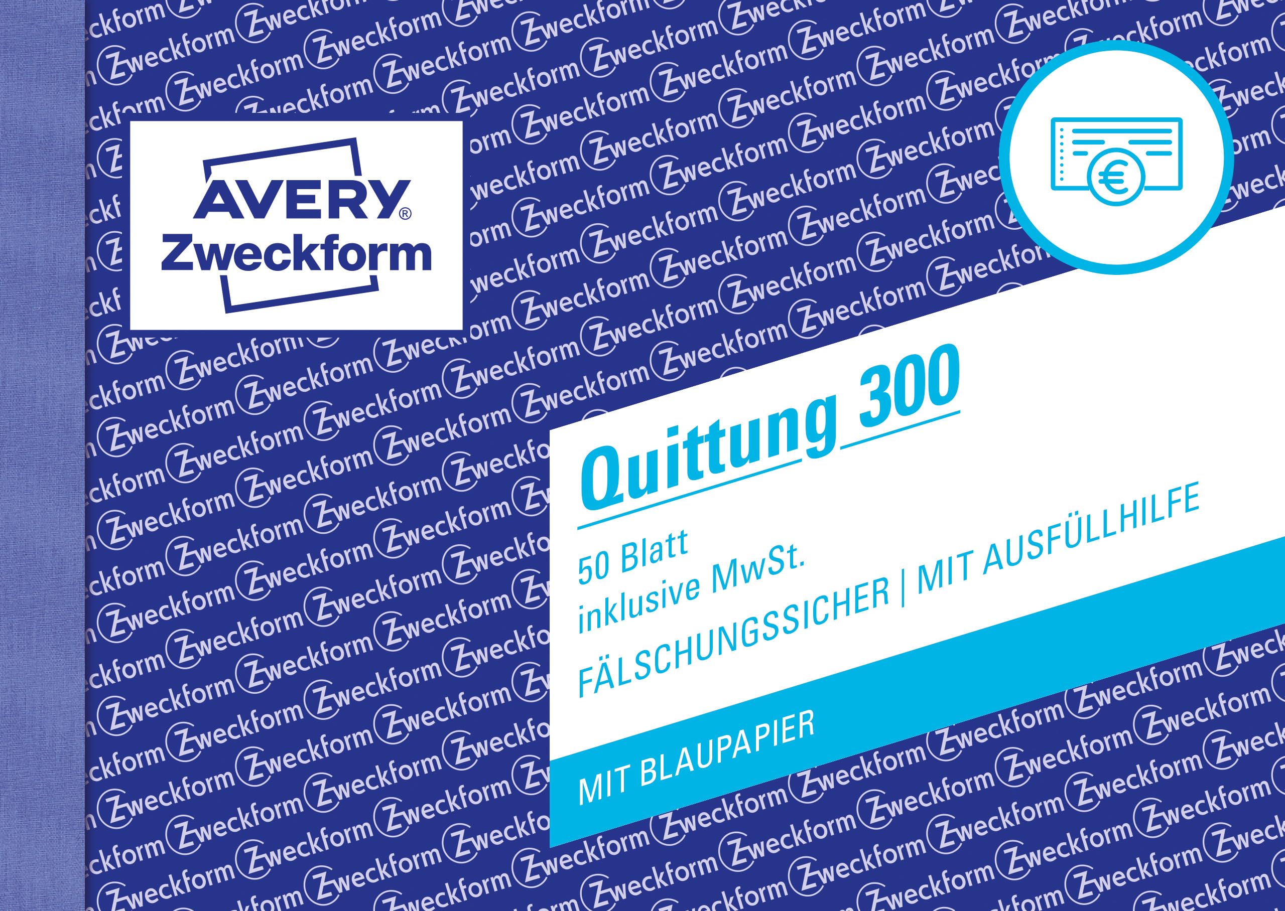 AVERY Zweckform 300 Receipt pad (A6 Landscape, 50 Sheets, 1 Sheet of Blue Paper, Forgery-Proof Document Printing, for Amounts Under 250€ incl. VAT, for DE/at) White