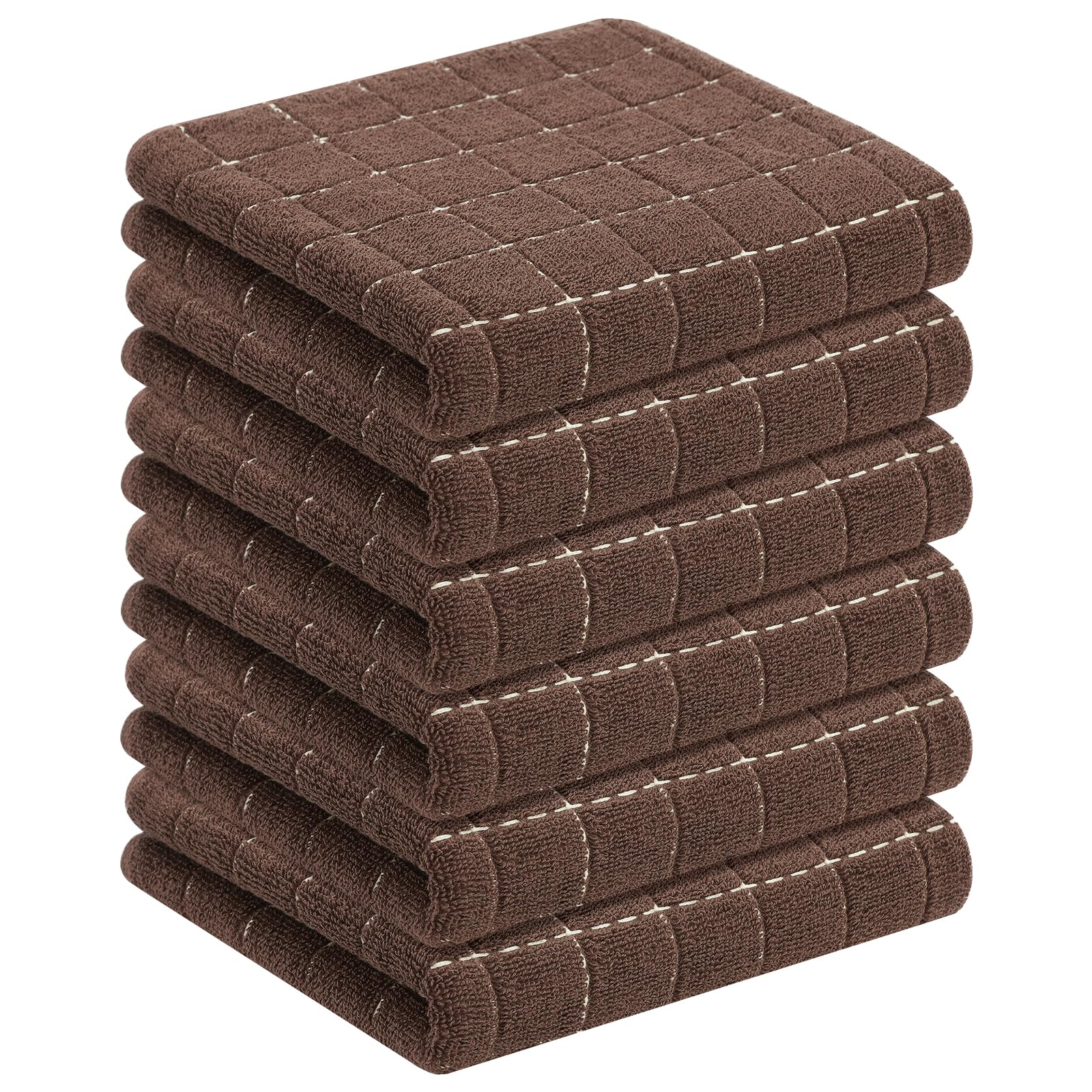 Homaxy 100% Cotton Terry Kitchen Towels(Brown, 13 x 28 inches), Checkered Designed, Soft and Super Absorbent Dish Towels, 6 Pack Image