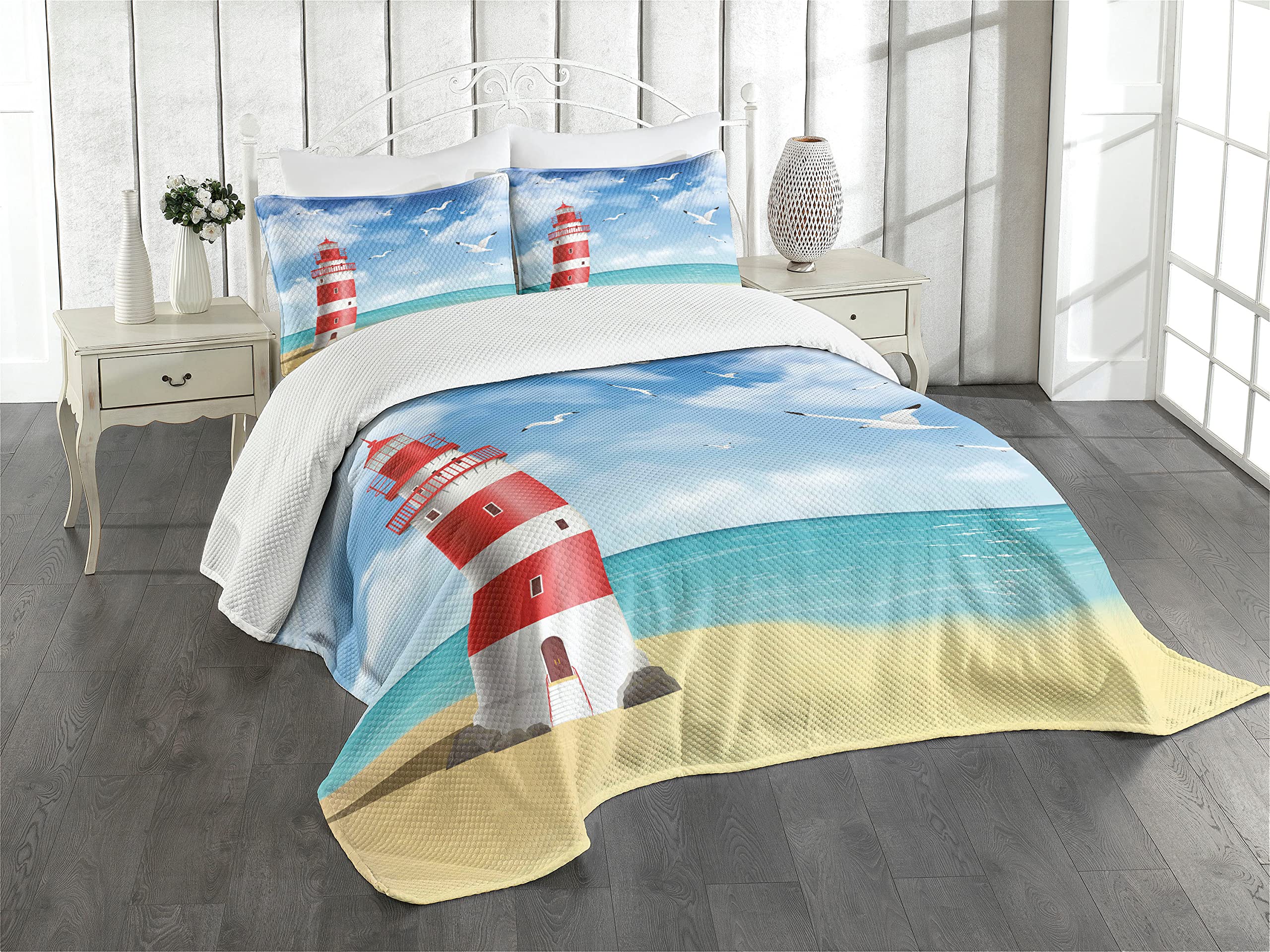 ABAKUHAUS Beach Bedspread Set, Lighthouse Seagulls Ocean, Decorative Quilted 3 Piece Coverlet Set with 2 Pillow Shams, Vermilion Blue